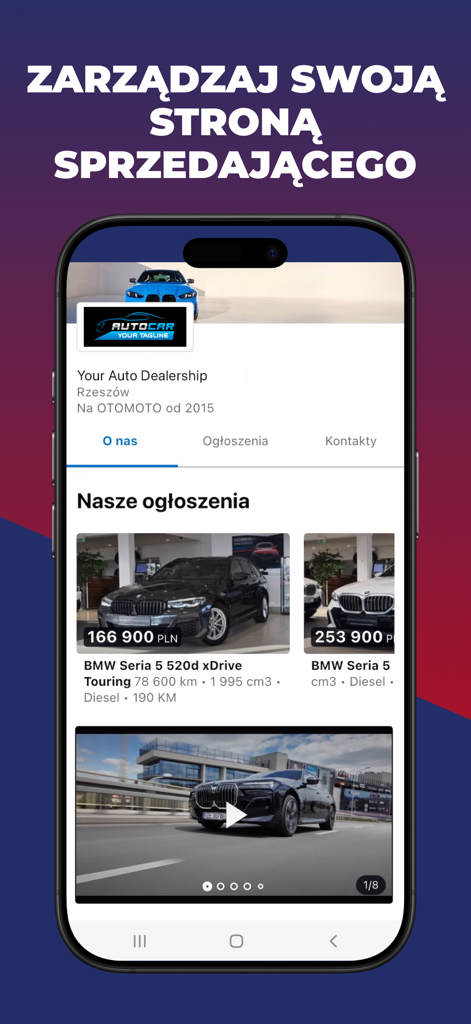 Professional car dealership profile page on the OTOMOTO mobile app featuring BMW listings and seller details.