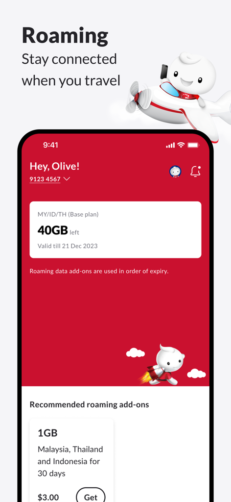 Singtel hi! - Singtel hi app screen showing roaming data usage and travel plan options for Southeast Asia