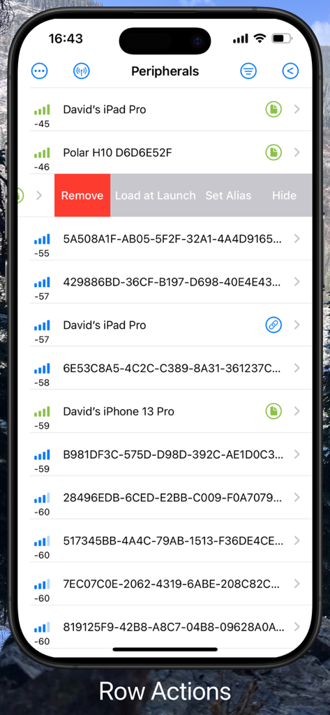 BluKit Workbench - BluKit Workbench iOS app interface showing a list of scanned Bluetooth peripherals and available row actions like remove and hide