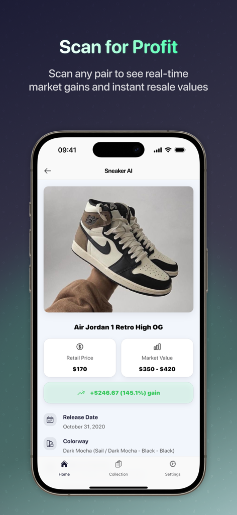 Sneaker AI - Shoe Identifier - Sneaker AI app interface showing market value and resale profit for Air Jordan sneakers