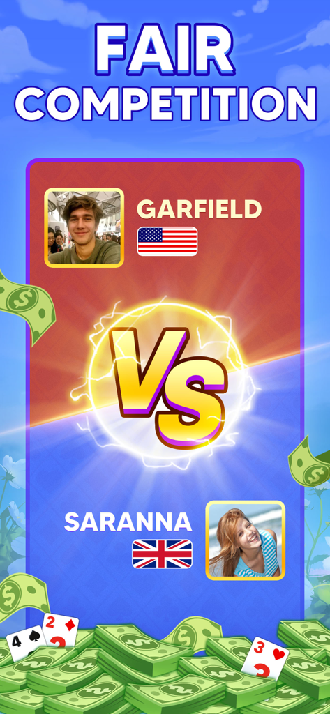 Pyramid Solitaire: Win Cash - A head-to-head competition screen between two players from the USA and UK in the Pyramid Solitaire app with cash rewards at the bottom.
