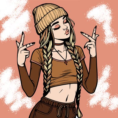 realistic teenage girl with braids and a beanie and crop top doing 🫶🏼