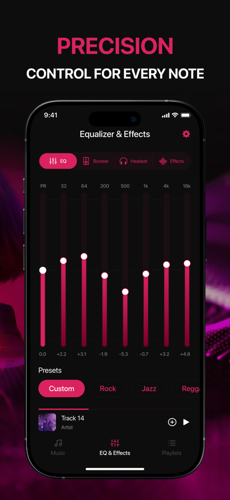 Una pantalla de smartphone que muestra un ecualizador de música con múltiples controles deslizantes de ajuste de frecuencia y preajustes de audio.