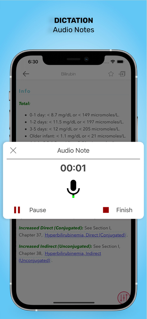 Audio notes dictation interface in the Pediatrics On Call medical app