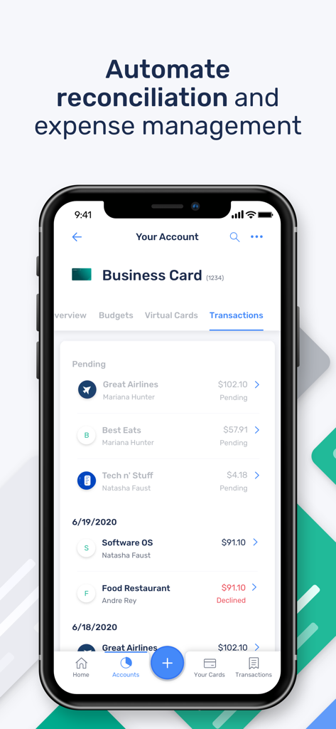 Extend mobile app interface displaying a list of business card transactions for automated expense management.
