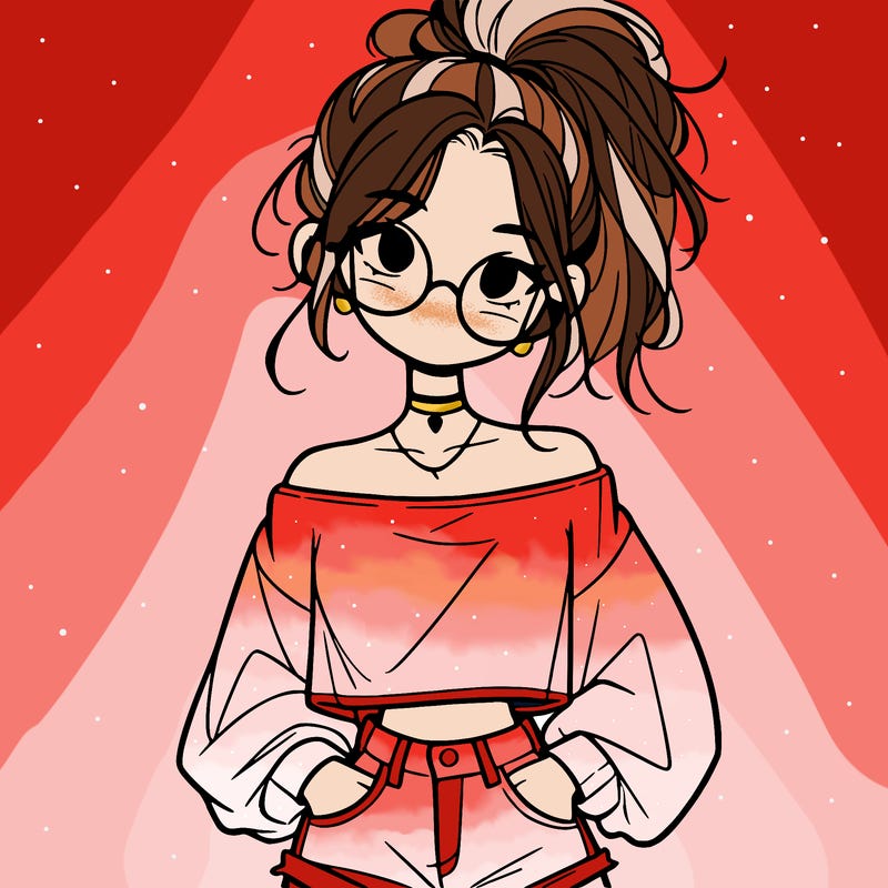 girl with a messy ponytail glasses a baggy crop top and jean shorts