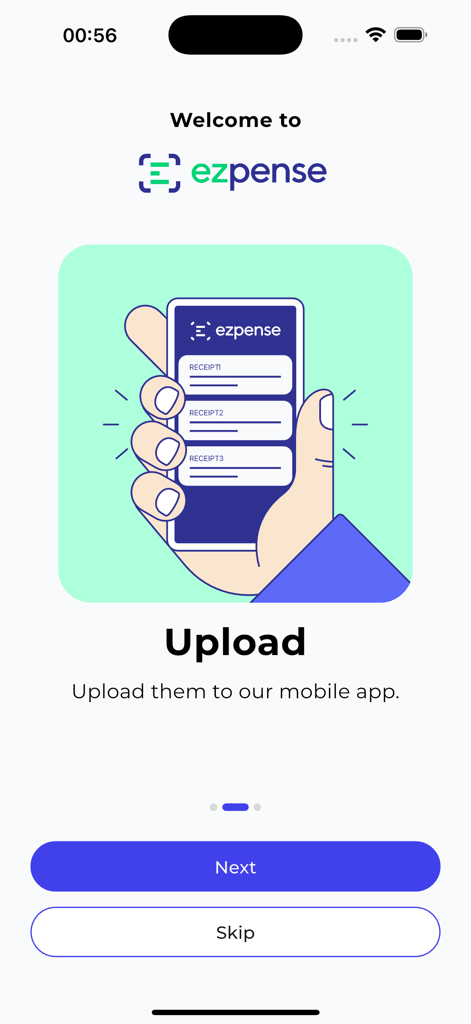 Écran d'intégration de l'application mobile Ezpense montrant une illustration de téléchargement de plusieurs reçus.