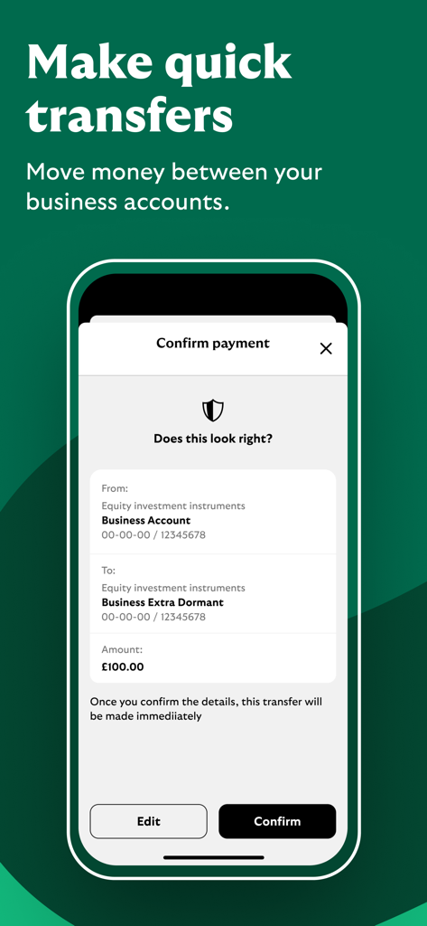 Uma captura de tela do aplicativo Lloyds Business Banking mostrando uma tela de confirmação de pagamento para uma transferência rápida de dinheiro