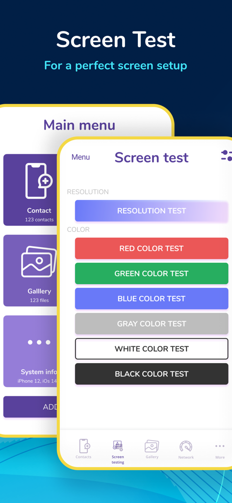 Phone Boosterアプリのスクリーンテストインターフェイス。解像度とカラー診断オプションが表示されています。