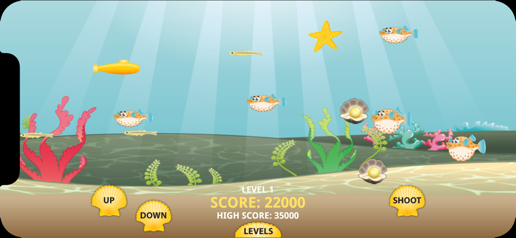 Puffer Fish - Gameplay screenshot of Puffer Fish showing a submarine and puffer fish in an underwater level with game controls