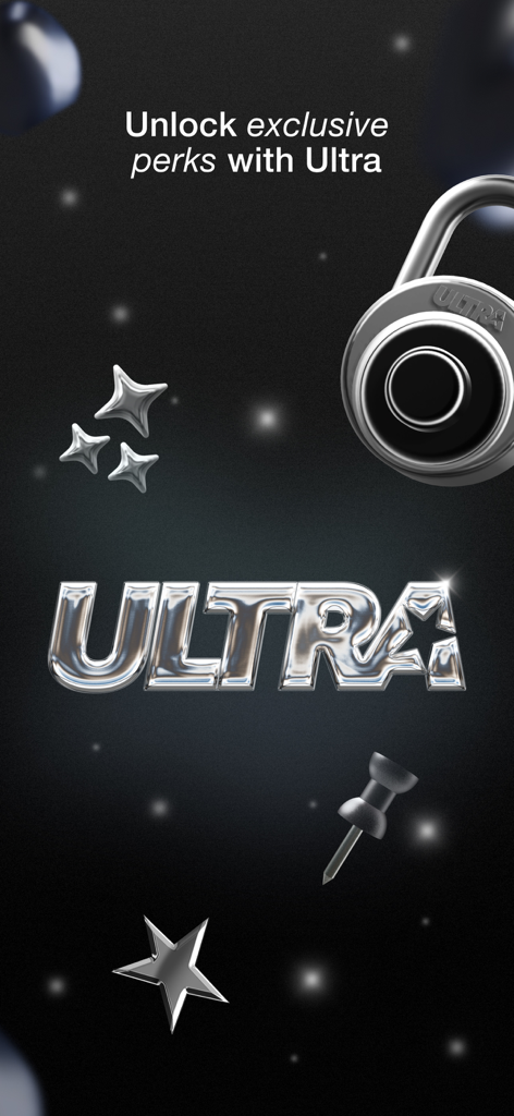 Promotional screen for Hypelist Ultra membership featuring metallic chrome graphics and exclusive perks text