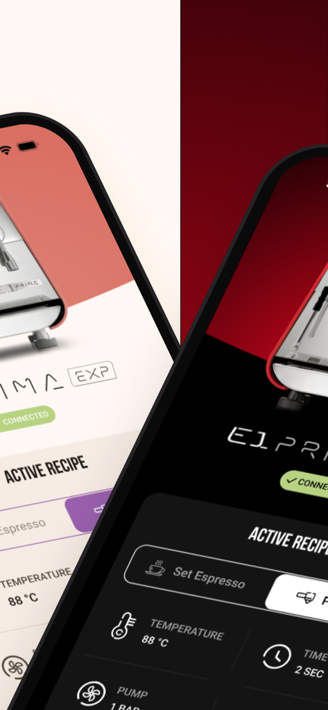 Victoria Arduino E1 Prima - 温度、時間、ポンプ圧の設定を含むアクティブなエスプレッソレシピを表示するVictoria Arduino E1 Primaのスマートフォンアプリインターフェース。