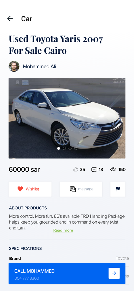 most3mal-مستعمل - A car listing for a used Toyota Yaris 2007 on the most3mal mobile app including price and contact buttons.