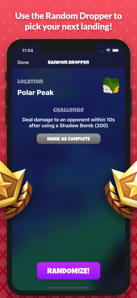 Mobile app screen showing the Random Dropper feature for Fortnite locations and challenges