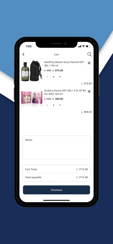 Privé Perfumes - Pantalla del carrito de compras de la aplicación Prive Perfumes mostrando perfumes seleccionados y el costo total