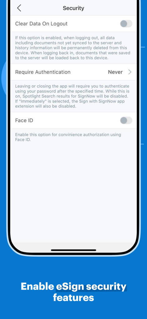 SignNow app security settings interface showing Face ID and authentication options