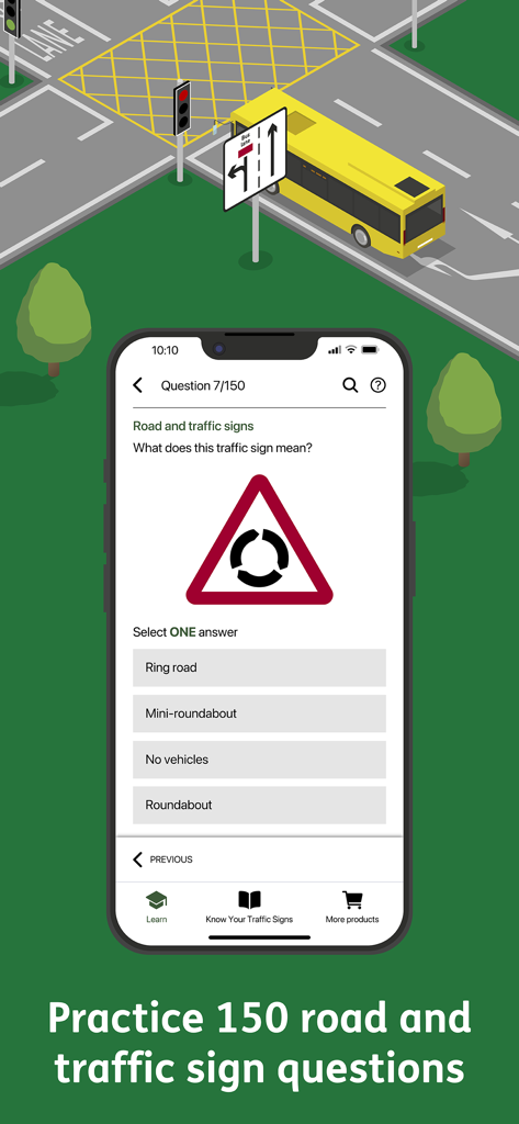 DfT Know Your Traffic Signs - A mobile app screen displaying a multiple-choice question about a roundabout traffic sign