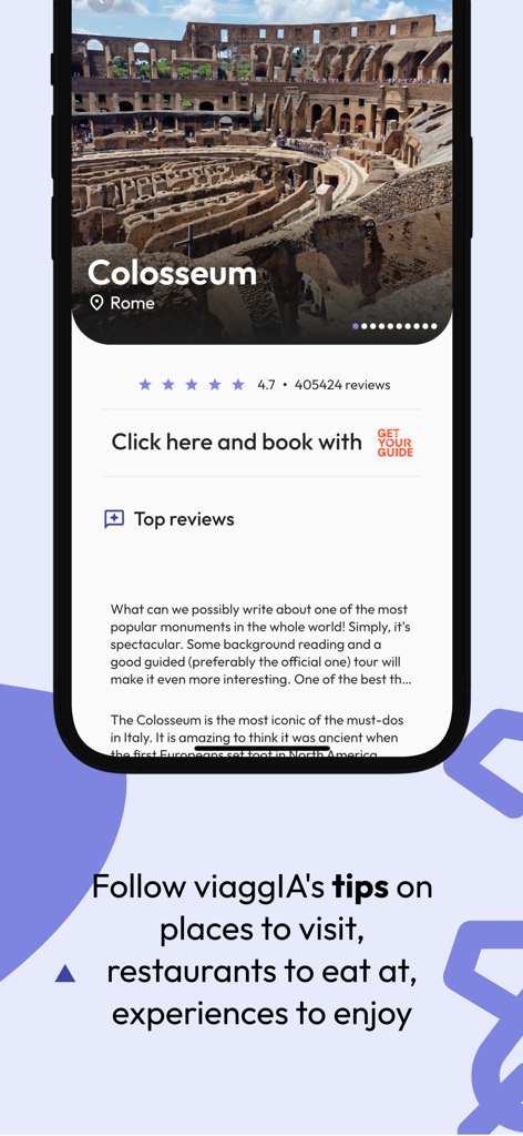 viaggIA AI 여행 플래너로 로마 콜로세움에 대한 여행 팁과 리뷰를 보여줍니다.