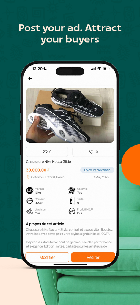 Jumli - Buy. Sell. Simple. - Jumli mobile app interface showing a detailed advertisement for Nike shoes in Africa