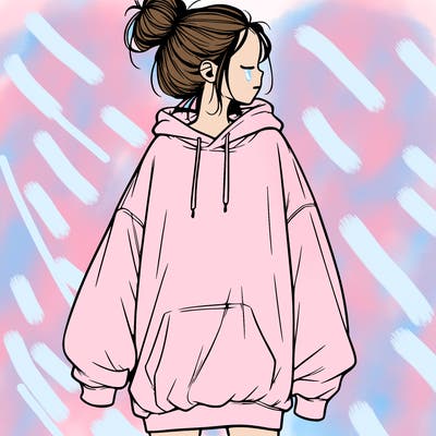 realistic girl with a oversized sweatshirt on and a bun