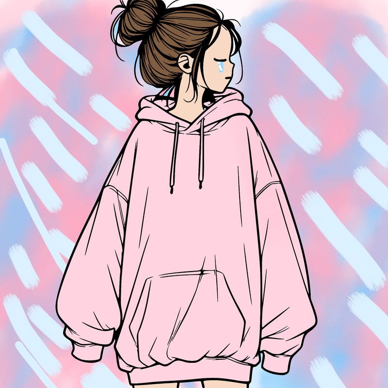 realistic girl with a oversized sweatshirt on and a bun