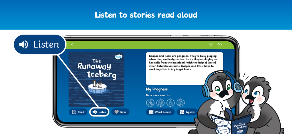 Twinkl Originals - Twinkl Originals app interface displaying an audiobook story for children with interactive puzzles and progress rewards