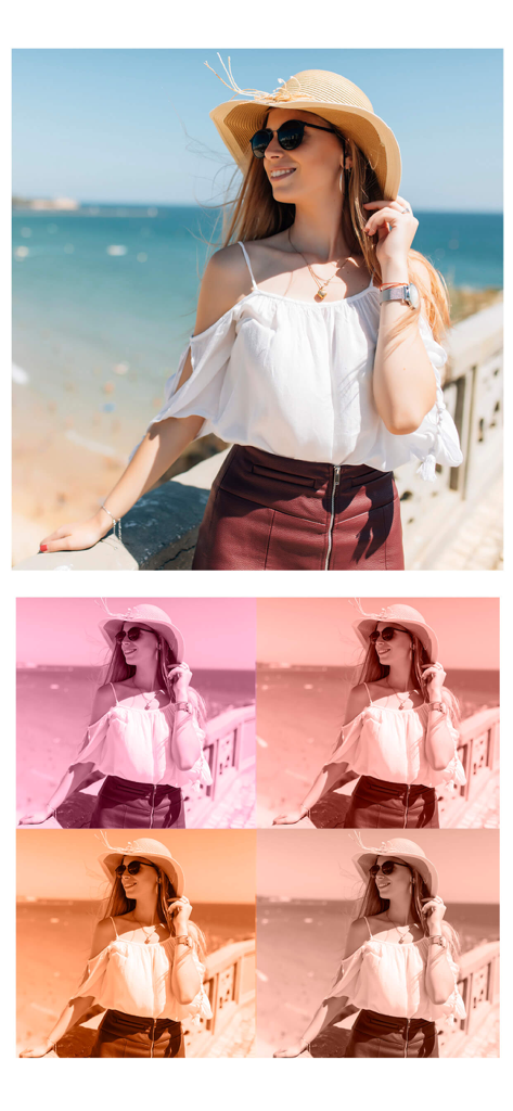 Pop Art filters and effects - A comparison showing a woman at the beach before and after applying various vibrant pop art color filters