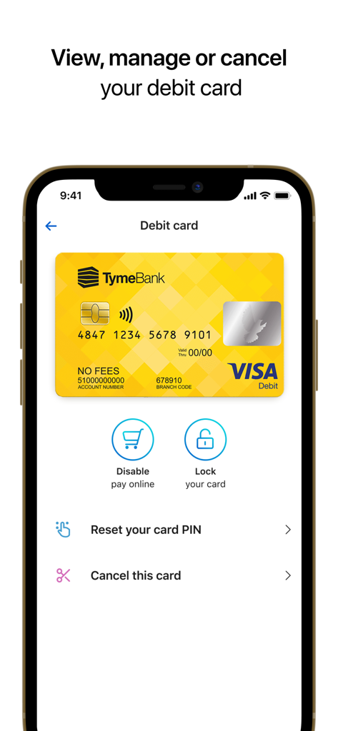 TymeBank - Pantalla de la aplicación móvil TymeBank que muestra opciones de gestión de tarjetas de débito como bloquear y restablecer el PIN