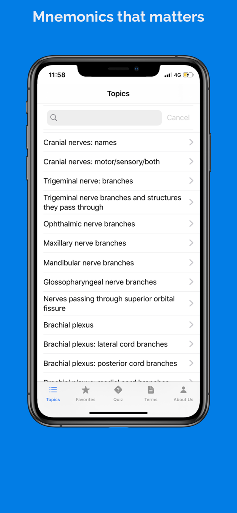 Anatnomics: Anatomy mnemonics - Anatnomics app interface showing a searchable list of medical anatomy mnemonic topics including cranial and trigeminal nerves.