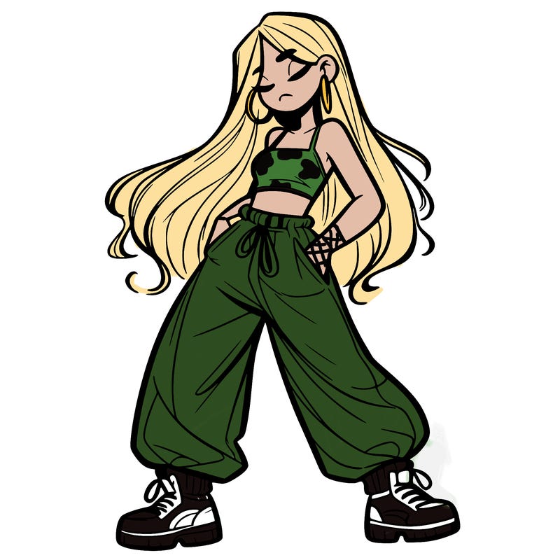 girl in baggy pants crop top and long hair
