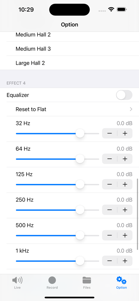 Stereo Microphone - Uma captura de tela mostrando as configurações do equalizador de 10 bandas no aplicativo Microfone Estéreo.