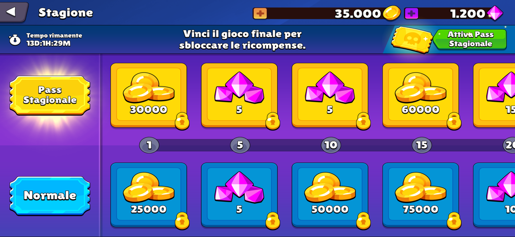 Avanti L'Altro Quiz - Season pass rewards screen in Avanti L'Altro Quiz showing coins and gems