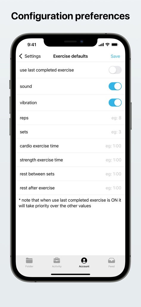 Screenshot of the exercise defaults and configuration preferences screen in the Gym log workout planner app.