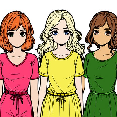 three realistic girls standing up