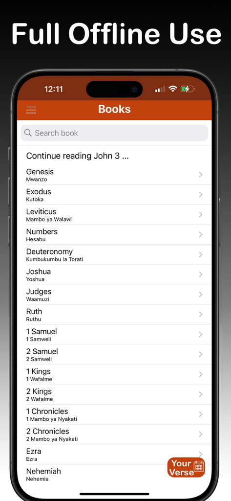 Swahili Bible: Biblia Takatifu - List of Bible books in English and Swahili on the Swahili Bible app for offline use