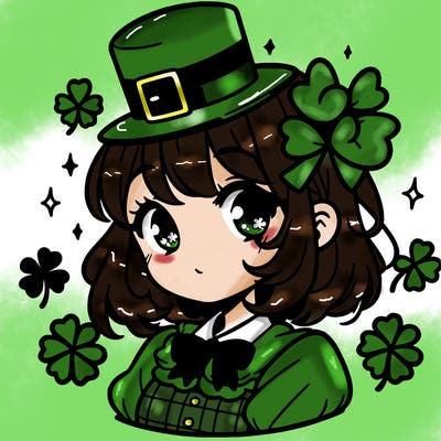 a manga-style girl with clovers around her, a little hat in her hair, like it's saint patrick's day