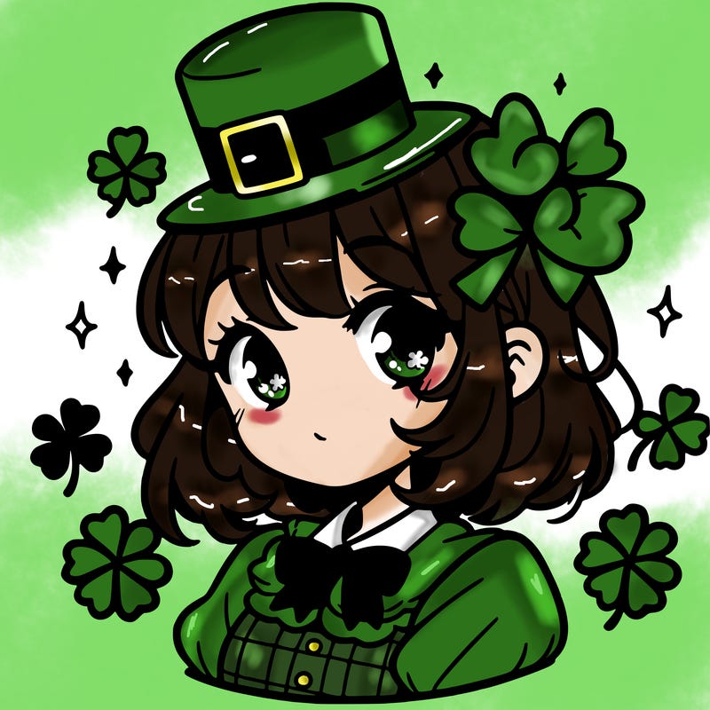 a manga-style girl with clovers around her, a little hat in her hair, like it's saint patrick's day