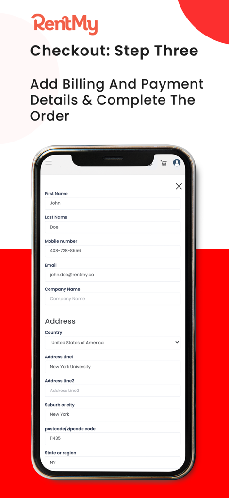 RentMy Rental Software - RentMy App-Bildschirm, der den dritten Schritt des Checkout-Prozesses mit einem Formular für Rechnungs- und Zahlungsdetails anzeigt