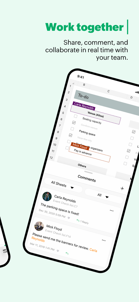 Zoho Sheet: Spreadsheet App - Zoho Sheetモバイルアプリのインターフェース。表計算チェックリストでのリアルタイムチームコラボレーションとコメントを表示しています。