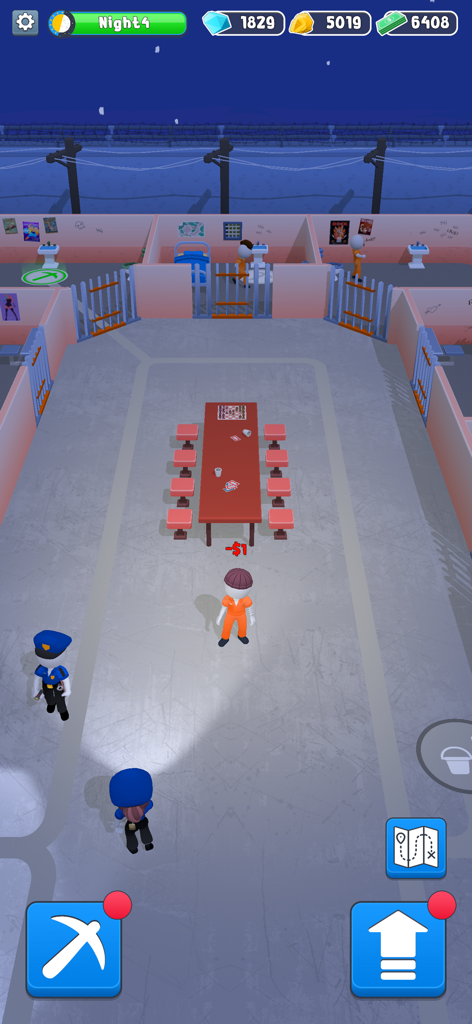 Prison Break-Out - Un prisionero escabulléndose por un patio de prisión por la noche mientras los guardias patrullan con linternas