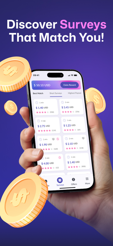 EarnStar app interface showing a list of personalized surveys with cash rewards