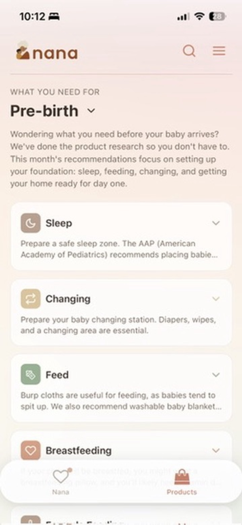 Interfaz de Nana Baby App que muestra categorías de productos previos al nacimiento para recomendaciones de sueño, cambio y alimentación.