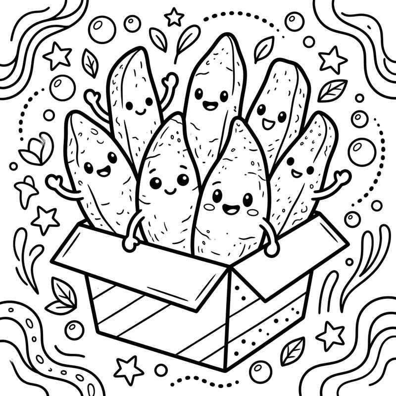 Get ready for a delicious and delightful coloring session with our adorable sweet potato fries! This fun page is specially designed for kids to enjoy bringing these happy veggie friends to life with their favorite colors.