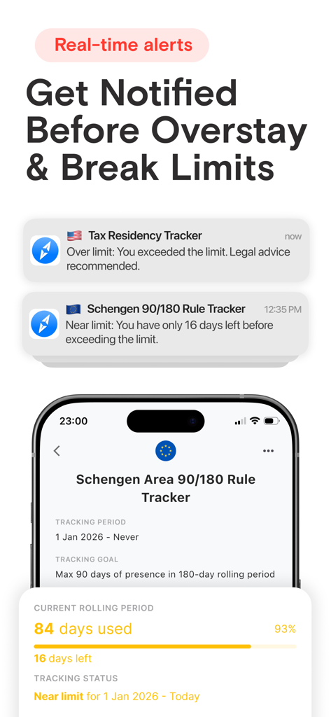 Real-time push notifications for tax residency and Schengen Area overstay limits in the Immio app.