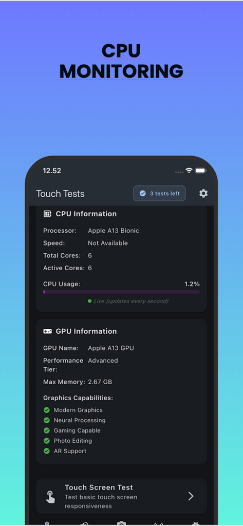 Touchscreen Test DiagX - Pantalla de la aplicación Touchscreen Test DiagX que muestra monitorización detallada de hardware y especificaciones de CPU y GPU.