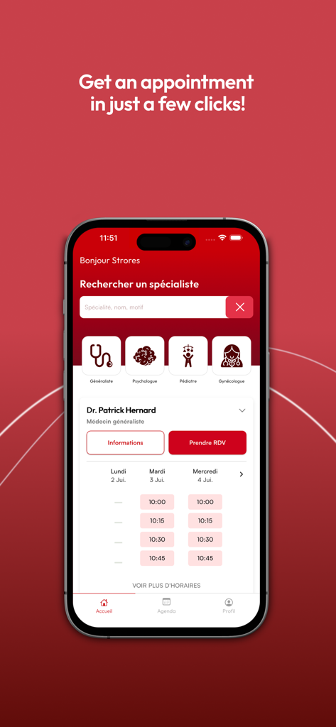 Mobile screen of the Hellocare app showing a specialist search and doctor appointment calendar.