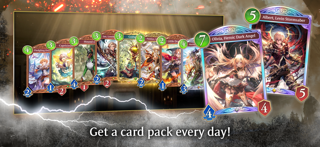 A collection of anime character cards from Shadowverse Worlds Beyond with text announcing a free daily card pack.