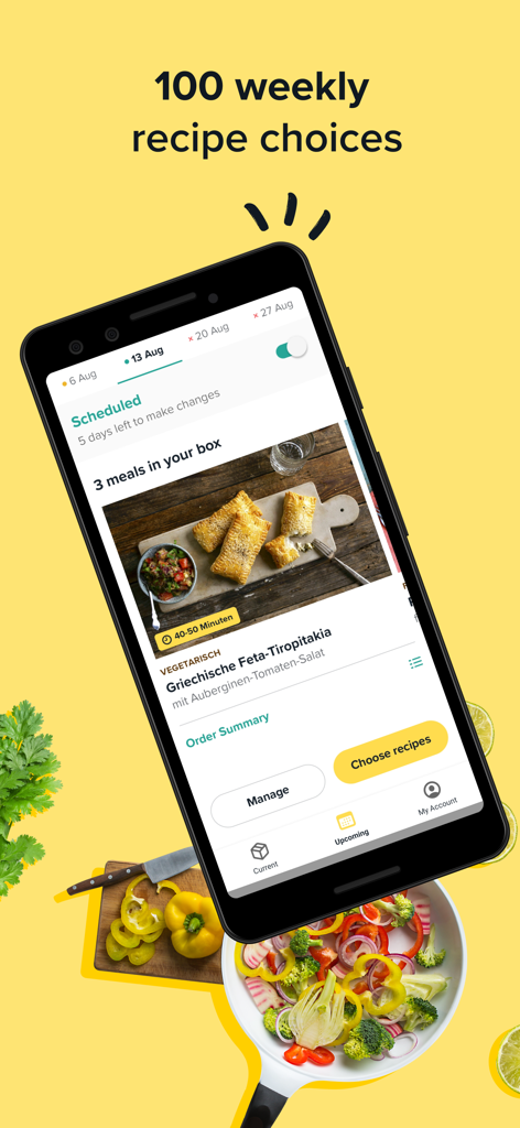 Marley Spoon App-Oberfläche auf einem Smartphone, die wöchentliche Rezeptauswahl und eine geplante Kochbox zeigt