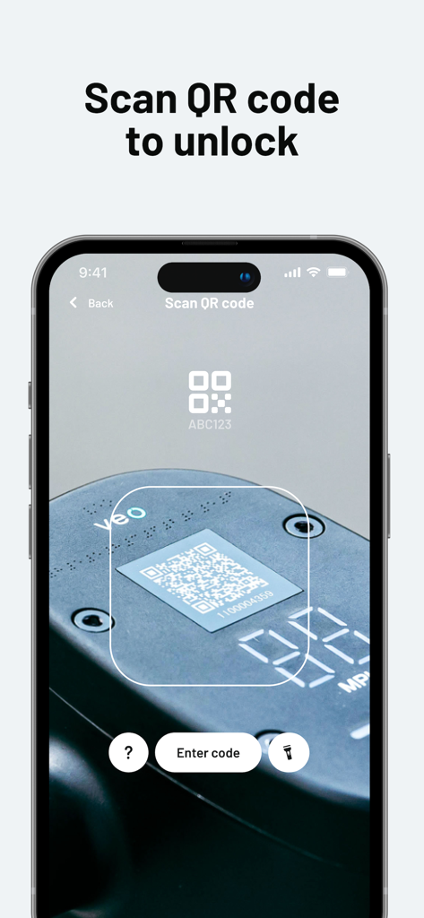 Veo - A smartphone screen displaying the Veo app scanning a QR code on a vehicle to unlock it