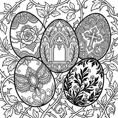 Discover a uniquely captivating twist on Easter traditions with our Gothic Easter Eggs coloring page. Immerse yourself in intricate designs featuring Victorian lace, mysterious patterns, and dark, elegant details, perfect for a sophisticated coloring experience.
